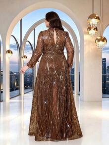 Plus Size Summer/Autumn Elegant High Neck Hollow Out Sequin Beaded A-Line Maxi Dress, Long Sleeve Sheer Tulle Formal Gown - Coffee Brown - View 3