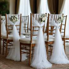 10pcs Elegant White Chiffon Chair Cover Set (Without Floral Accessories), Suitable For Aisle Wedding Chair Back Decoration, Church Chiffon Banquet Ceremony Reception Chair Set, Photography Props, Birthday Party And Home Decor - White - View 5