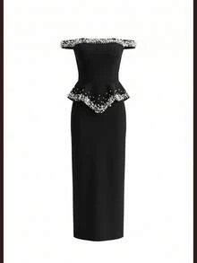 Modphy New Sexy Women's 2-Piece Set, Shiny Pearl Decor Sexy Tie-Up Backless One-Shoulder Ruffle Top, Slim Fit Bodycon Skirt Party Dress Wedding Black Fall - Black - View 10