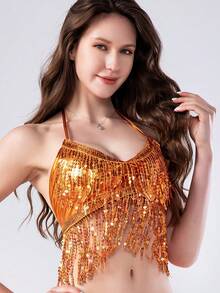 Sequin Fringe Top, Belly Dance Costume, Sequin Backless Singer Street Style Bar Outfit - Multicolor - View 2