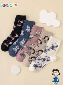 5 đôi tất nữ cổ trung bình SNOOPY Series chính hãng, họa tiết kẻ sọc Charlie Brown Puppy, hoạt hình vui nhộn cá tính - Nhiều màu - Xem 1