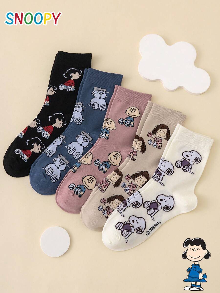 5 đôi tất nữ cổ trung bình SNOOPY Series chính hãng, họa tiết kẻ sọc Charlie Brown Puppy, hoạt hình vui nhộn cá tính - Nhiều màu - Xem 1
