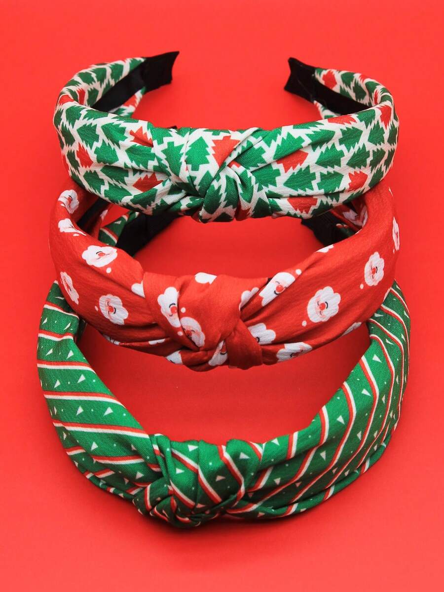 3pcs/Set Women's Christmas Tree & Santa Claus Fabric Wide Red Headband Hair Accessories For Daily Wear, Christmas Holiday Party - Multicolor - View 1