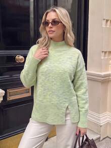 Nicenter Women's Elegant Mint Green Semi-High Neck Knitted Pullover Sweater, Split Hem Long Sleeve Top, Suitable For Autumn/Winter Daily Commute And Outings - Mint Green - View 9