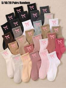 5/10/20 Pairs Random Bow Crew Socks For Girls Sweet Solid Color Mid‑Calf Socks Casual Daily Fall Socks Back To School Halloween Party Gift - Multicolor - View 7