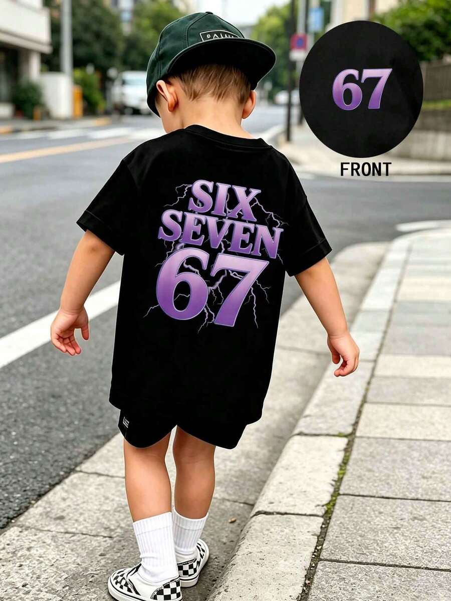 Young Boy SIX SEVEN 67 Lightning Pattern Print T-Shirt Street Style Crew Neck Short Sleeve Top - Black - View 1