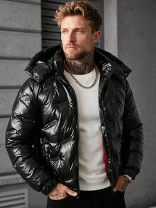 Men's Shiny Stand Collar Long Sleeve Detachable Hood Solid Color Casual Style Autumn/Winter Warm Padded Coat - Black - View 2