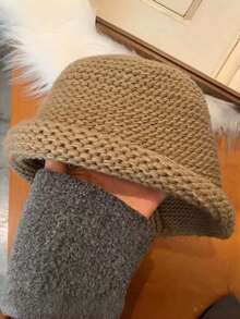 1pc New Autumn/Winter Women's Bucket Hat, Premium Feel, Face-Slimming, Versatile Solid Color Knitted Rolled Edge Woolen Bucket Hat - Multicolor - View 10