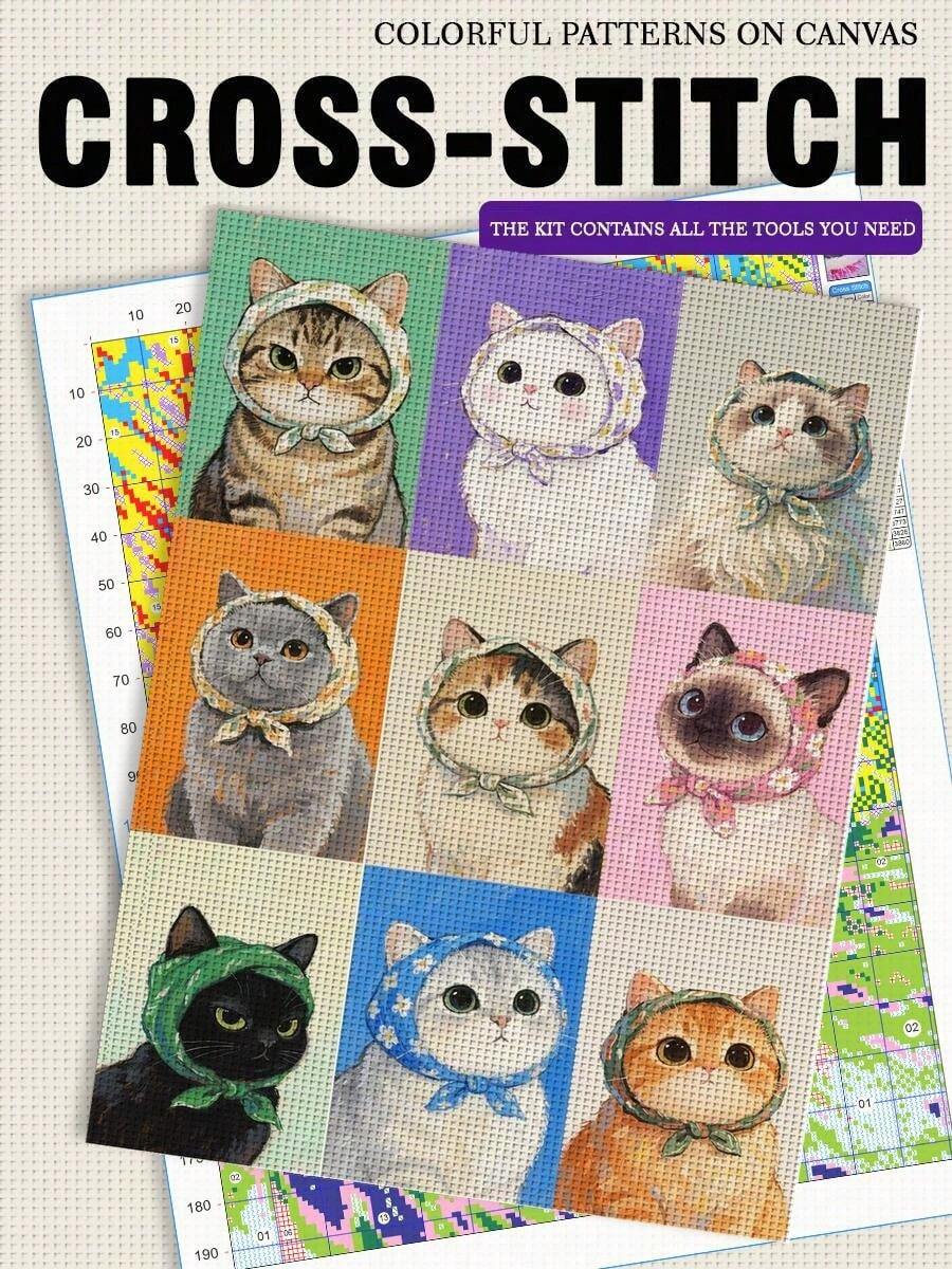 11/14/16CT Printed Cross-Stitch Kit. Different Cats. A Relaxing DIY Project For Adult Beginners. Includes Fabric, Needles, Threads, And A Chart. Handmade Wall Art-Perfect As A Gift. 30x40cm/11.8x15.7in.
