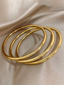 RAYQUEEN Set Gelang Stainless Steel 3 Buah, Minimalis, Modis, Serbaguna, Permukaan Cermin, Perhiasan Dekoratif untuk Wanita, Cocok untuk Pemakaian Sehari-hari - Emas - View 5