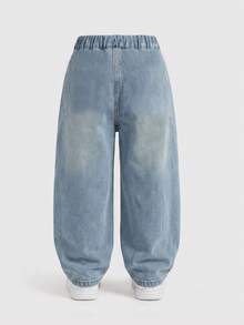 1pc Girls' Denim Jeans, Elastic Waist Street Style Ripped Wide Leg Jeans, Simple Casual Outfit - Medium Wash - View 3