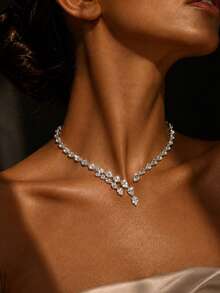 outingfit 1pc Silver Pear-Shaped Waterfall Y-Drop Necklace, Sparkling V-Neck Collarbone Pendant, Bridal Wedding Prom Banquet Dress Gift Accessory - Silver - View 6