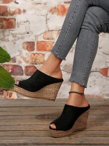 New Thick Sole Wedge High Heel Pumps Women's Sandals Platform Wood Grain Sole Open Toe Closed Back Shoes - Black - View 4