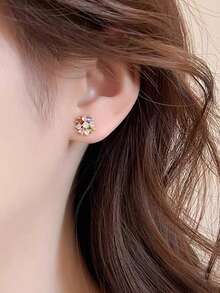 1 Pair Fashionable Exquisite Artificial Zirconia Flower Decor Stud Earrings Suitable For Women Party And Casual Wear - Colorful - View 5