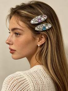 2pcs/Set Luxury Sparkling Colorful Rhinestone & Pearl Edge Hair Clips, Silver Metal Star & Heart Rhinestone Hair Clips, Women's Wedding Party Atmosphere Side Hair Accessories - Multicolor - View 5