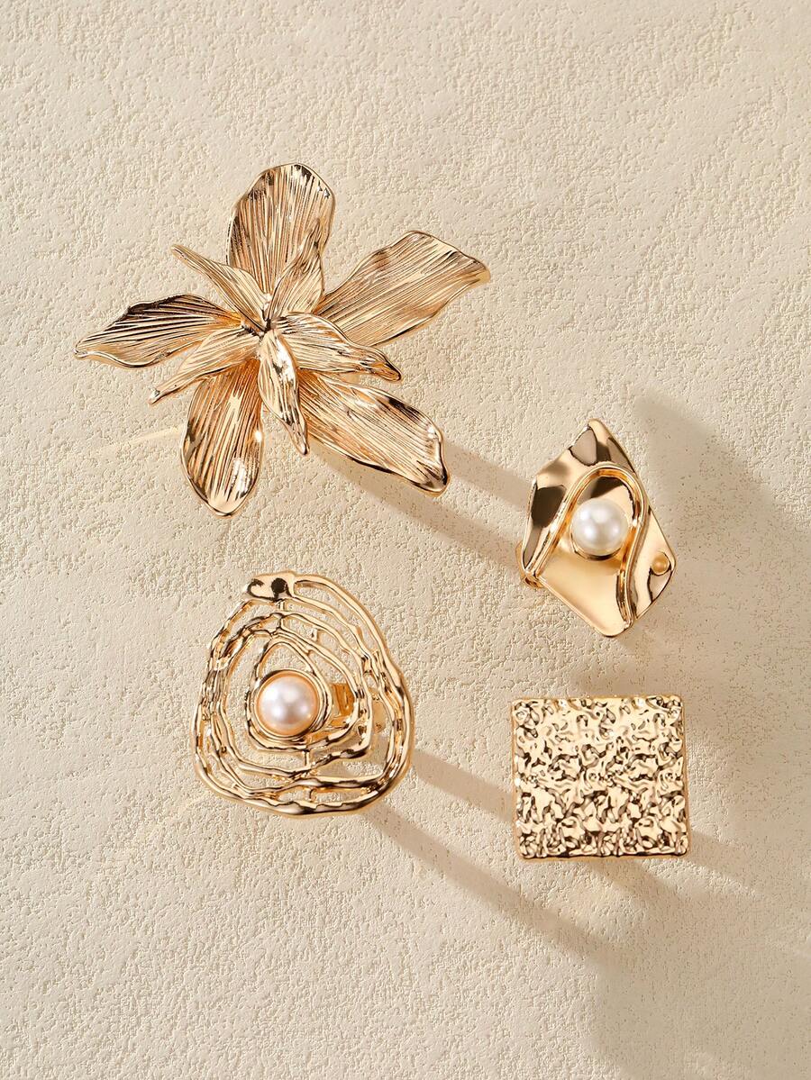 Nocturel 1/4pcs Vintage Fashion Exaggerated Metallic Geometric Wavy Crinkle Faux Pearl Rings, Unique Sweet Punk - Yellow Gold - View 1