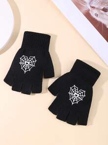 1 Pair Halloween Accessory Gloves, Heart Spider Web Print Warm Short Spider Web Couple Valentine's Day Gift - A - View 10