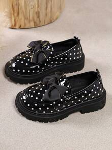 1 Pair Kids Polka Dot Bow Thick Sole Slip-On Shoes, Fashionable Retro Loafers, Suitable For Daily Wear And Party Occasions - Black - View 5