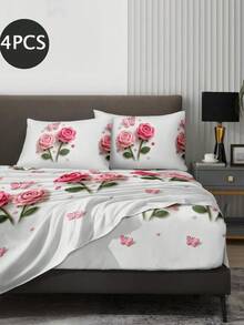 Set Sprei 4 Potong Motif Mawar Merah Muda & Kupu-kupu dengan Efek Rajutan, Set Sprei Lembut dan Mudah Perawatan, Set Sprei Fitted (1 Sprei Datar + 1 Sprei Fitted + 2 Sarung Bantal), Set Sprei Fitted Ukuran King/Queen/Full/Twin, Kantong Dalam Hingga 11,8 Inci - MultiWarna - View 2