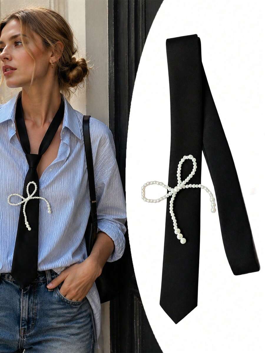 Solid Color Pearl Accessory Hand-Made Narrow Casual Fashion Personalized Tie Scarf - Black - View 1