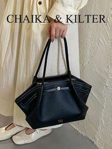 CHAIKA & KILTER 1pc Solid Color PU Fabric Shoulder Bag, Women's Casual Litchi Texture Large Capacity Tote Bag With Pleated Design, Adjustable Waist Belt Decor, Dual Handles, Magnetic Closure, Suitable For Travel, Shopping, Dating, Women's Gift, Ideal For Teenage Girls, College Students, Beginners And White-Collar Workers, Perfect For Office, Campus, Work, Business, Commute, Outdoor, Travel, Outing - Black - View 5