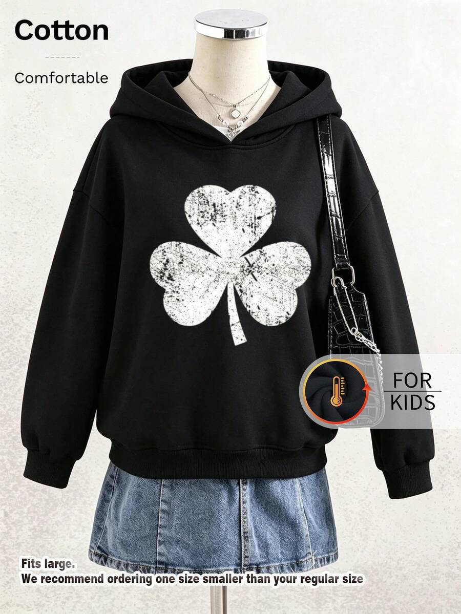 Tween Girl Playful Distressed Clover Graphic Hoodie, Soft Cotton Drop Shoulder Long Sleeve Basic Hooded Sweatshirt - Black - View 1