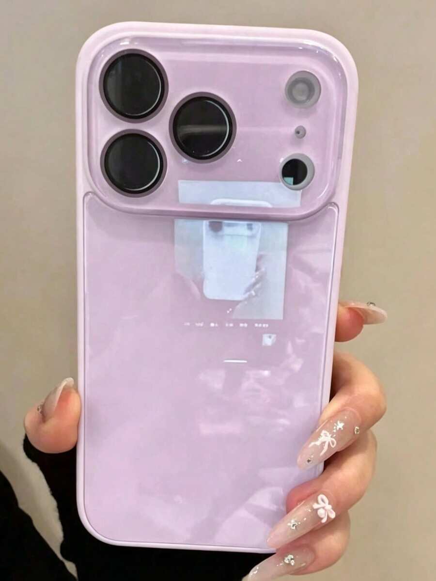 1pc New Luxury Solid Color Glossy Glass Phone Case With Large Window Design, Compatible With IPhone 17 Pro Max 16 Pro Max 16 Pro 15 15 Pro Max 14 Pro Max 13 Pro Max 13 12 11 Pro Max, Lens Protection, Shockproof, Anti-Drop, Hard Back Cover - Light Purple - View 1