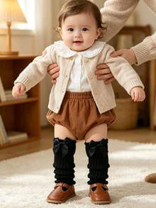 3 Pairs Girls Bowknot Decorated Vertical Striped Spring Autumn Leg Warmers, Knitted Leg Warmers Slouch Leg Warmers - Multicolor - View 3