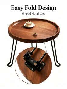 Folding Round Side Table, Walnut Wood Tray Side Table With Black Hairpin Legs, Small Portable Coffee Table For Living Room, Bedroom And Balcony, Minimalist Small Coffee Table, Space-Saving Side Table For Sofa ,Storage Tray Included As A Gift - Natural Brown - View 8