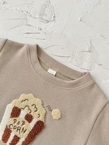 2Pcs/Set Infant/Toddler Popcorn Fleece Embroidered Sweatshirt Set, Spring/Autumn Round Neck Long Sleeve Top & Solid Color Casual Pants, 2 Pieces Children's Outfit - Khaki - View 9