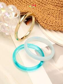 3pcs Elegant Minimalist Round Wave Stackable Bracelet Set, Versatile Fashion Bangle For Women, Suitable For Casual, Vacation And Daily Wear - Blue 1 - View 5