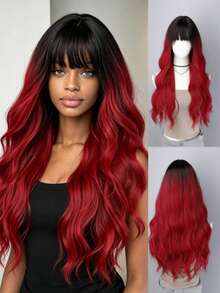 Black To Red Ombre Wig 28 Inch Long Wavy Wigs With Bangs Synthetic Heat Resistant Hair For Women Party Daily Use - Multicolor - View 10