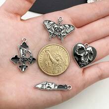 3/10pcs Halloween Gothic Enamel Charms Skull Moth Butterfly Snake Cross Poker Card Pendant For DIY Bracelet Necklace Jewelry Making Findings - Black - View 4