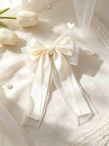 1pc Beige Grosgrain Ribbon Hair Bow For Girls Pearl Lace Trim Decor Long Streamer Alligator Clip Sweet Daily Hair Clips Kids Hair Accessories - Beige - View 2