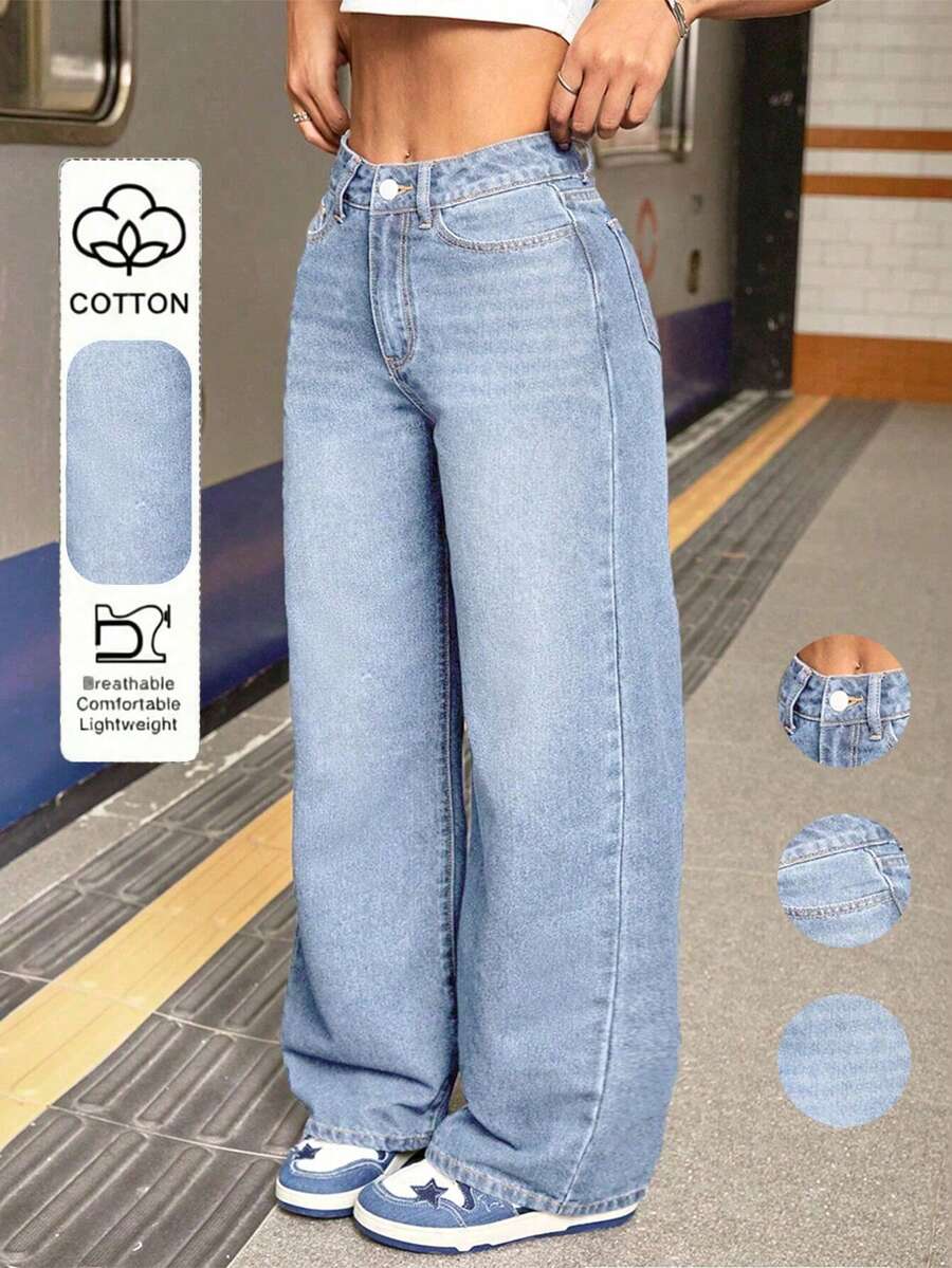 Women's Casual Loose Straight Leg Jeans With Pockets Fall - Light Wash - View 1