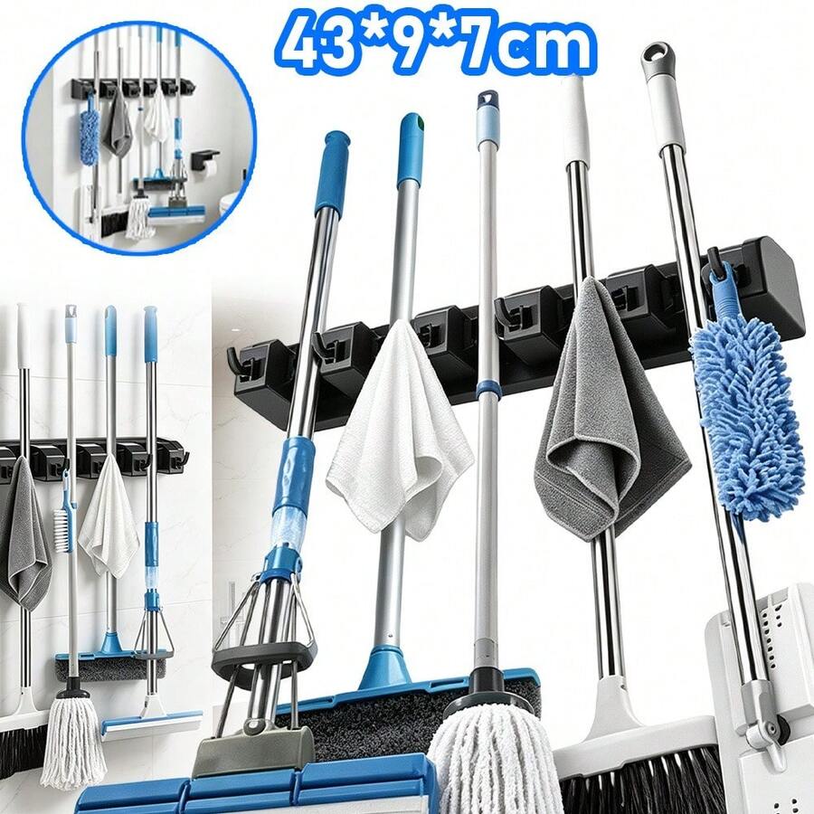 Black Wall Mounted Broom Mop Rack 43x9x7cm Garden Tool Organizer Cleaning Tool Storage Rack Hanging Organizer Space Saving For Bathroom Kitchen Garage - Black - View 1