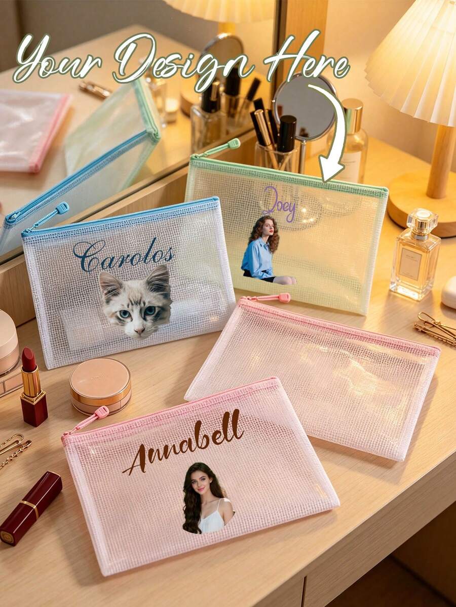Customizable Waterproof, Stylish Mesh Beach Bag With Photos And Names. Customizable, Large Capacity Transparent Makeup Bag, Travel Toiletry Storage Bag With Nylon Zipper - Lightweight, Spring/Summer Storage, Durable, Perfect For Swimming, Beach, Diving, Ideal Teacher's Day And Back To School Gift