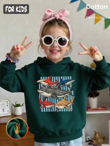 Autumn Girls Shark Print Hoodie Long Sleeve Black Blue Stripe Y2K - Dark Green - View 3