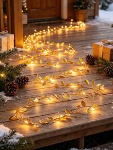 2p/1p Golden Leaf Garland Fairy Lights, Gold Leaf Fairy String Lights,Plastic Freestanding Interior String Lights With Warm White LED Lights, Battery Powered (2 Sections Not Included), For Home Decor, Table Setting, Christmas Table Decoration Lights - Multicolor - View 2