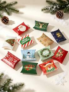 Christmas Pillow Gift Box 11.5*7cm, Assorted Christmas Pattern Paper Candy Favor Box, Suitable For Holiday Party Small Gift Packaging - View 8