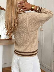 Elegant V-Neck Button Cable Knit Pullover Sweater, Fashionable Minimalist Contrast Color Casual Versatile Knit Top For Women - Khaki - View 2
