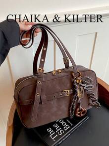CHAIKA & KILTER 1件裝純色麂皮布料女款復古時尚啞光保齡球包，對比色絎縫線條，雙手柄設計，拉鍊開合，適合日常與街頭使用（附吊飾） - 咖啡 - 查看 6