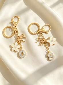 1pc Bowknot Flower Letter Keychain, Rhinestone Studded English Letter Pendant, Sweet Style Metal Bowknot White Flower Rhinestone Letter Keychain, Personalized DIY Letter Bag Charm, Car Key Chain For Girls - Flower Letters - View 2