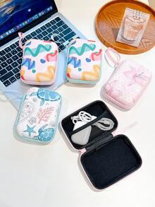 Cute Printed Hard Shell Electronic Organizer Case, Portable Travel Cable Storage Bag, Zipper Pouch For Charger, Earbuds, Power Bank, USB Cord, Small Digital Accessories - Multicolor - View 2