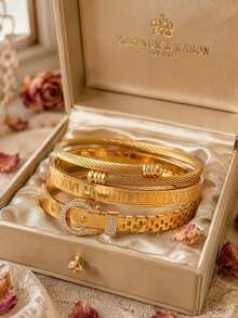 Camhanno Women's 3-Piece Gold Bracelet Set, Roman Numeral Belt Buckle, Zirconia Twisted Rope Stackable Bracelets, Fashion Daily Wrist Jewelry Accessories - Multicolor - View 5