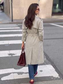 Fall Vintage Light Grey Lapel Double Breasted Long Trench Coat For Women, Belted Waist Oversized Jacket For Work Party - Beige - View 2