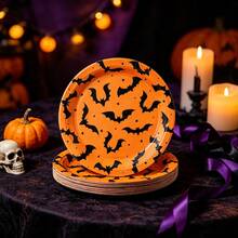 10pcs/30pcs/50pcs Halloween Orange And Black Bat Paper Plate, 7/9 Inch, Decorated With Orange And Black Bat Pattern, Disposable Paper Plate, Suitable For Halloween Parties, Day Of The Dead, Birthday And Holiday Table Decorations. - View 5