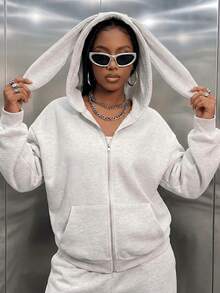 Women's Casual Fleece Rabbit Ear Oversized Zip-Up Hoodie With Pockets, Suitable For Autumn/Winter Daily Wear, Autumn/Winter Clothing, Autumn/Winter Outfit, Cute, Outdoor - Light Grey - View 1