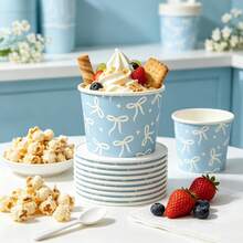 Bow Pattern Ice Cream Cups, Minimalist Ribbon & Star Print, Disposable Dessert Bowls, Suitable For Cold Drinks, Frozen Yogurt, Ice Cream, Pudding And Snacks, Perfect For Adult Elegant Parties, Bridal Showers, Wedding Receptions, Garden Gatherings And Catering Services - Multicolor - View 5