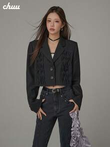 CHUU Wrinkled Long Sleeve Blazer Women's Autumn Black Casual Suit Loose Raw Edge Short Jacket - Black - View 1